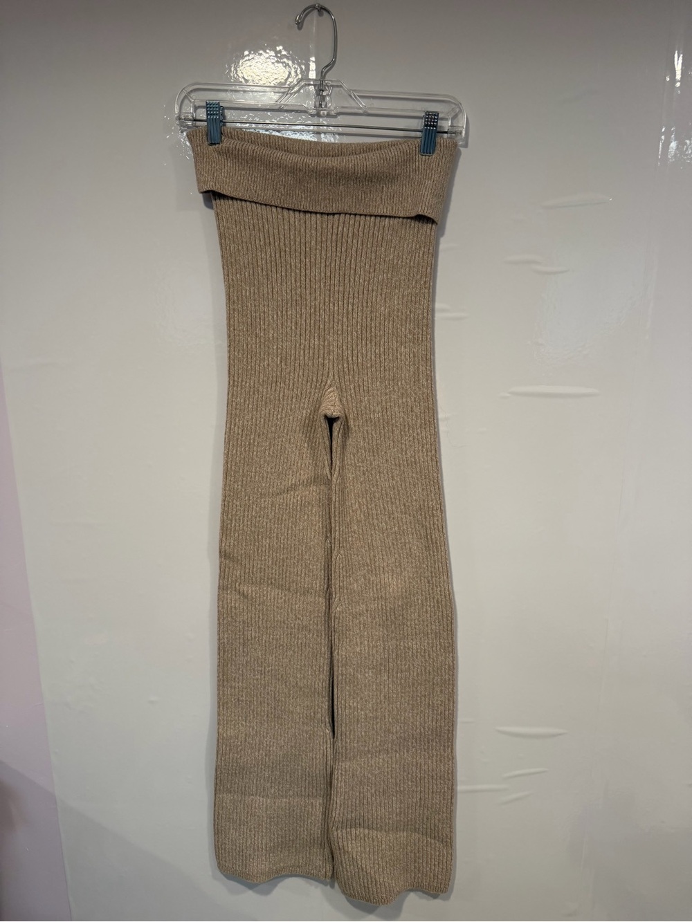 Ribbed‎ Knit Wide-Leg Rolled waistband Aerie Pants in Heathered Beige NWT